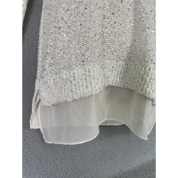 LOFT White Sequin Knit‎ Sweater Tunic Sheer Hem Women's Small - Picture 8 of 10
